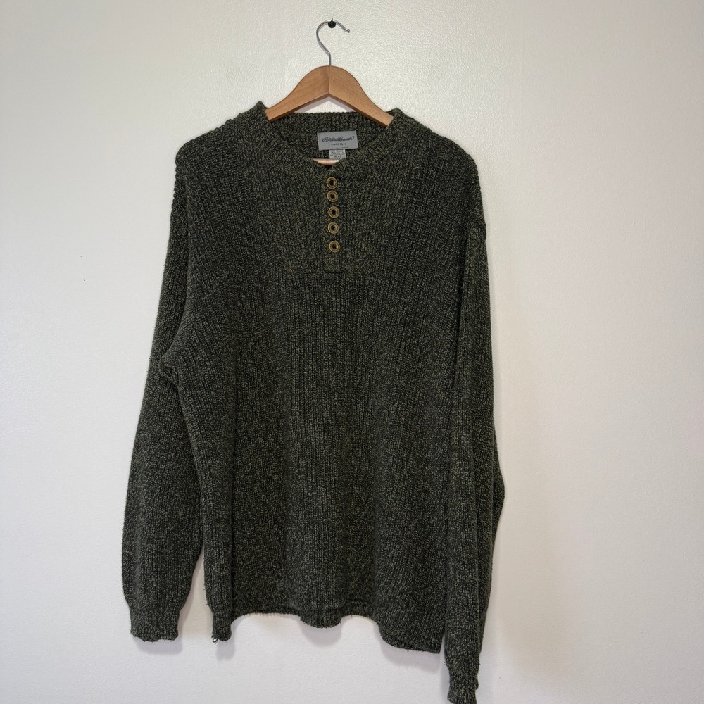 Eddie Bauer Men's Size L Green‎ Textured Henley Button Neck Sweater